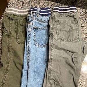 Bundle of 3 pairs Carter’s 3T pants with drawstring. Grey, denim and green